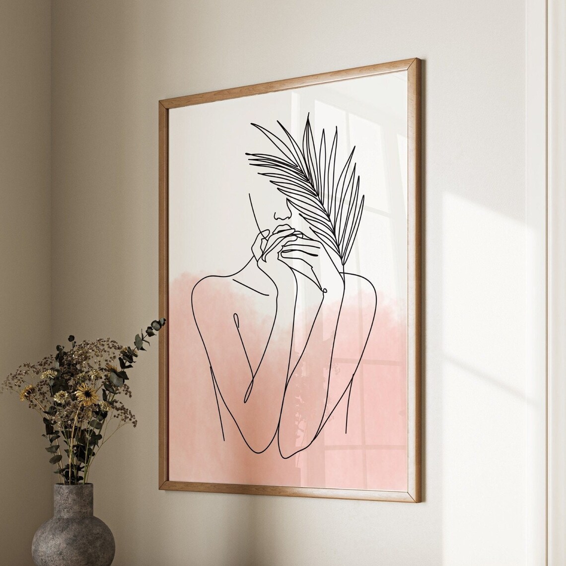 Abstract Line Art Woman Palm Leaf Pink Watercolor Boho Poster - Image 2