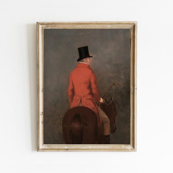 Gentleman On Horse Vintage Equestrian Painting Rustic Moody Prints Antique Farmhouse Decor Man On Horseback Art