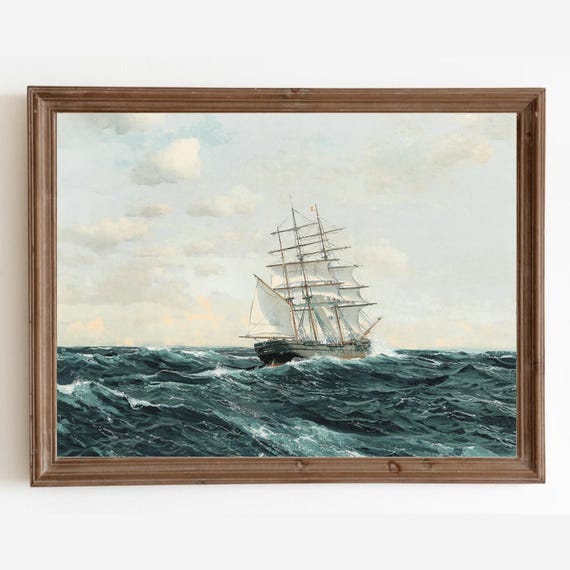 Vintage Ship Painting Ocean Art Print Antique Seascape Painting Coastal Wall Art Rustic Nautical Decor Art