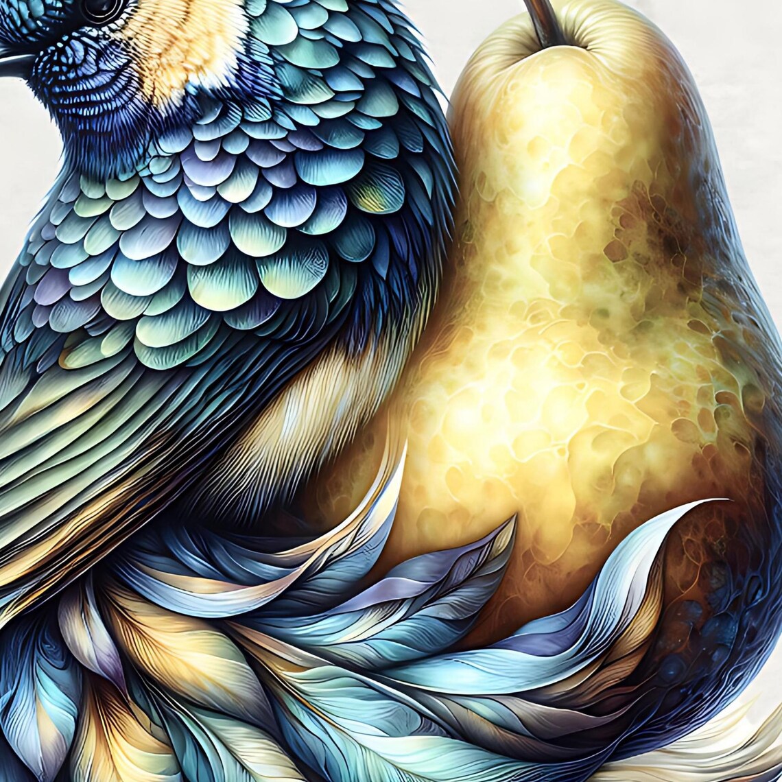 Iridescent Blue Bird Golden Pear Fantasy Nature Illustration Wall Art - Image 2