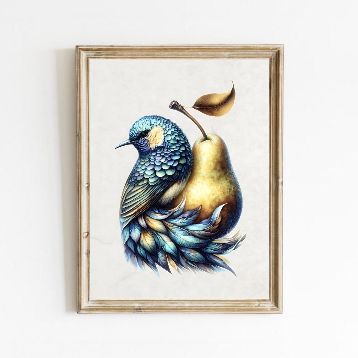 Iridescent Blue Bird Golden Pear Fantasy Nature Illustration Wall Art