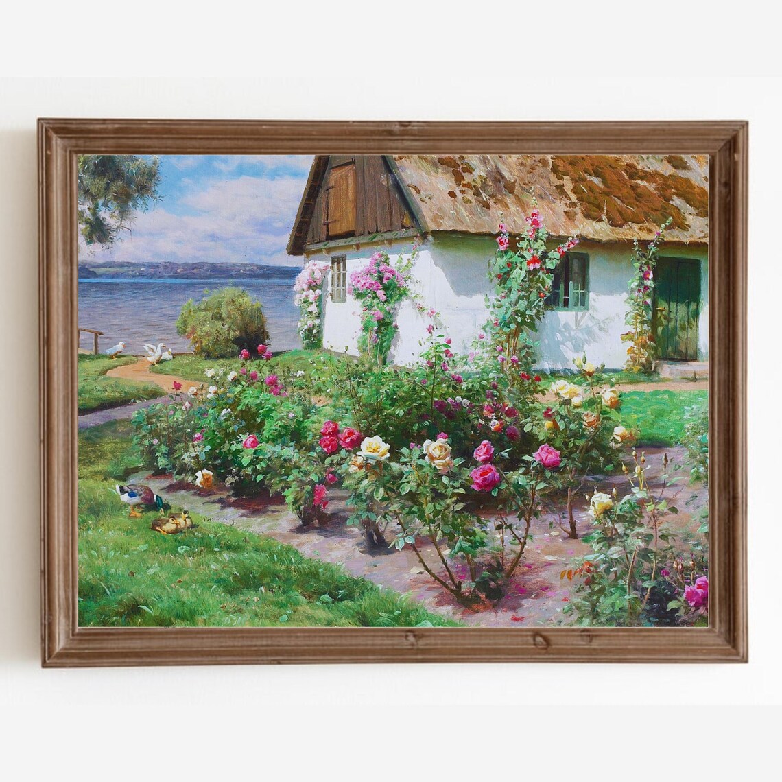 Vintage Cottage Rose Bush Floral Landscape Art Print