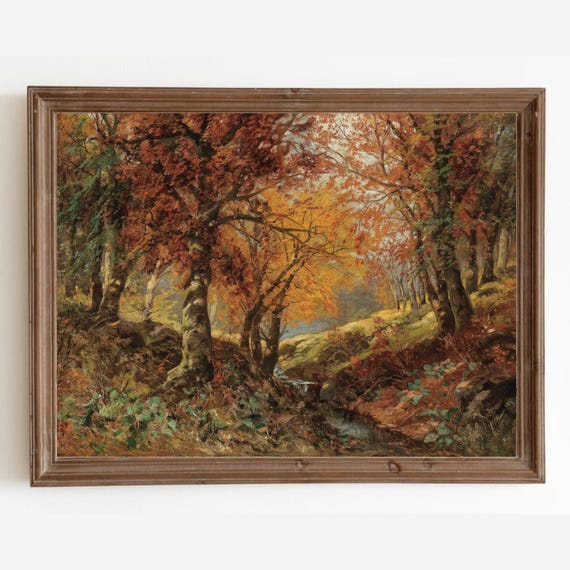 Autumn Landscape Oil Painting, Vintage Rustic Art Print