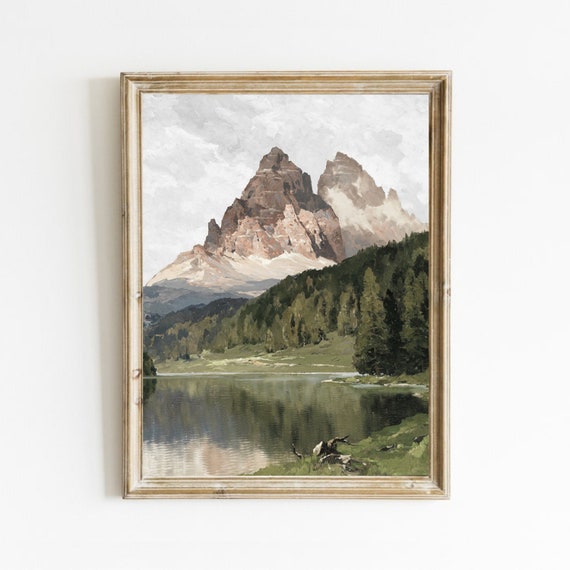 Rustic Mountain Landscape Painting Vintage Cabin Art Print Country Wall Decor Art Print Nature Painting Art