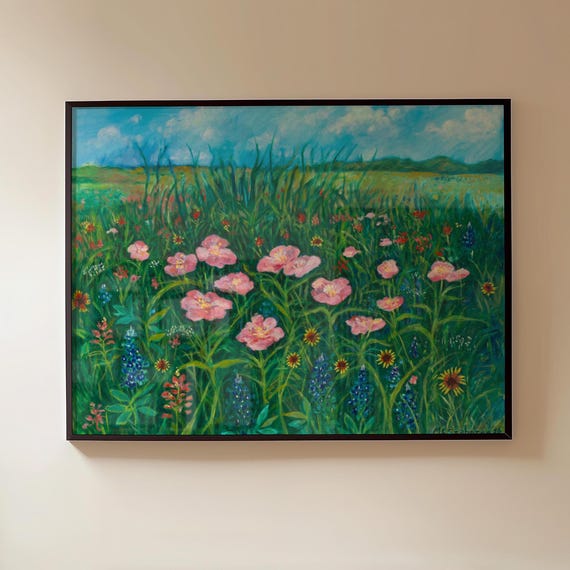 Guest Artist Texas Wildflower Field Pink Poppy Oil Painting Giclee Print Bluebonnets Botanical Nature Wall Decor Boho Southwest Original