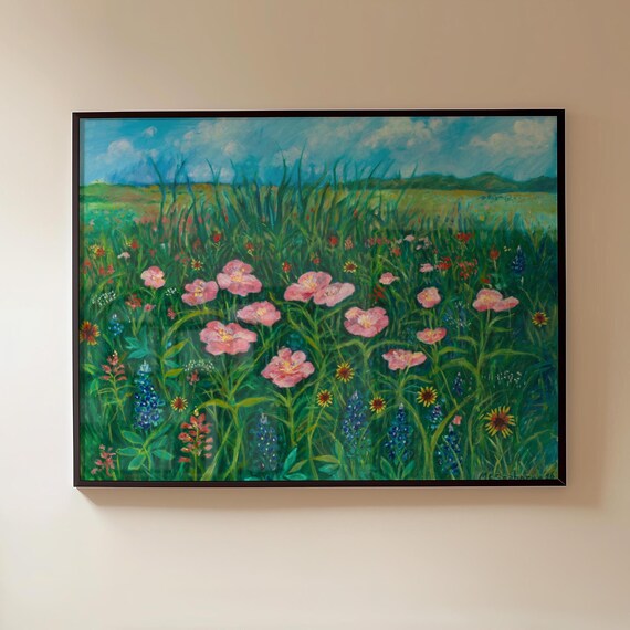 Texas Wildflower Field Pink Poppy Oil Painting Landscape Poster