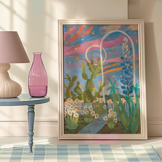 Bluebonnet Prickly Pear Sunset Art Print, Austin Texas