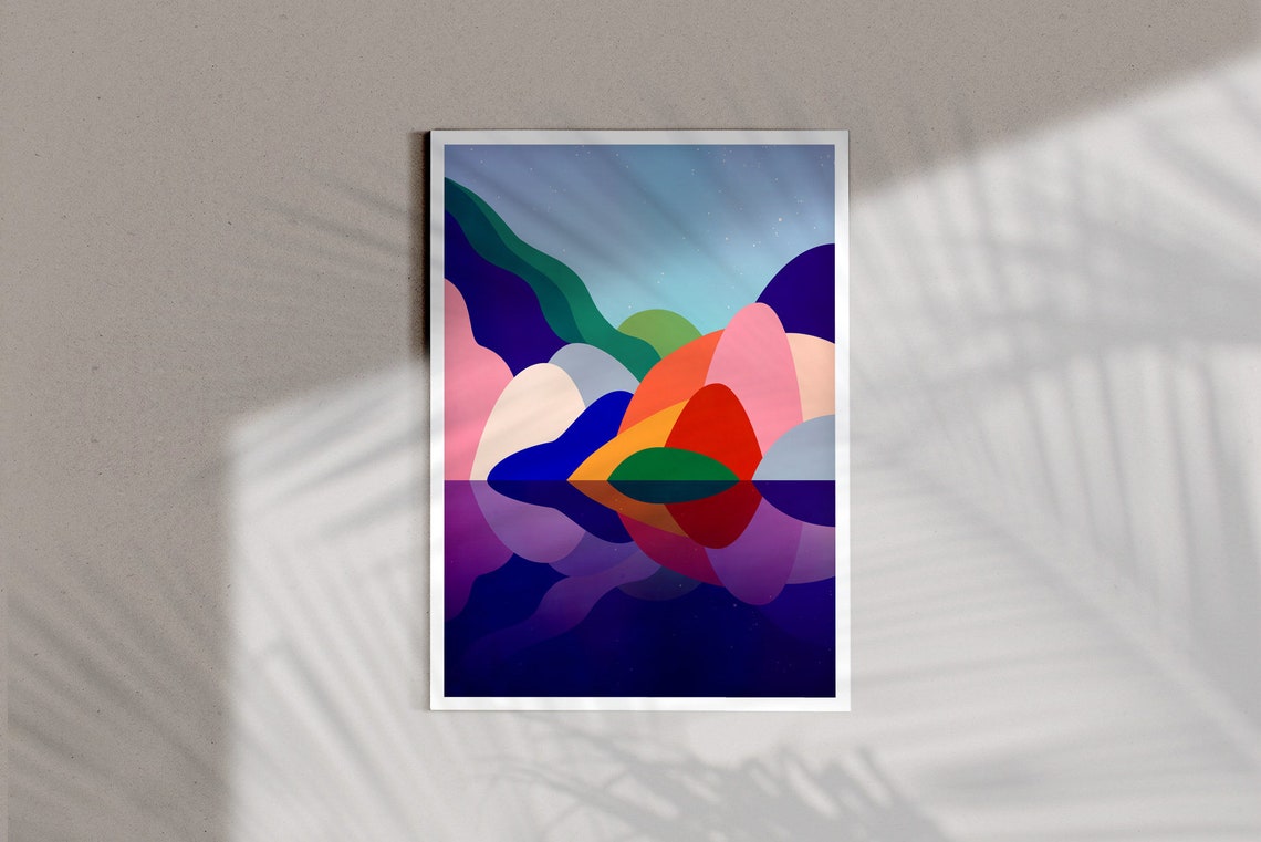 Abstract Colorful Landscape Bridge Over River Sunset Reflection Poster - Image 2
