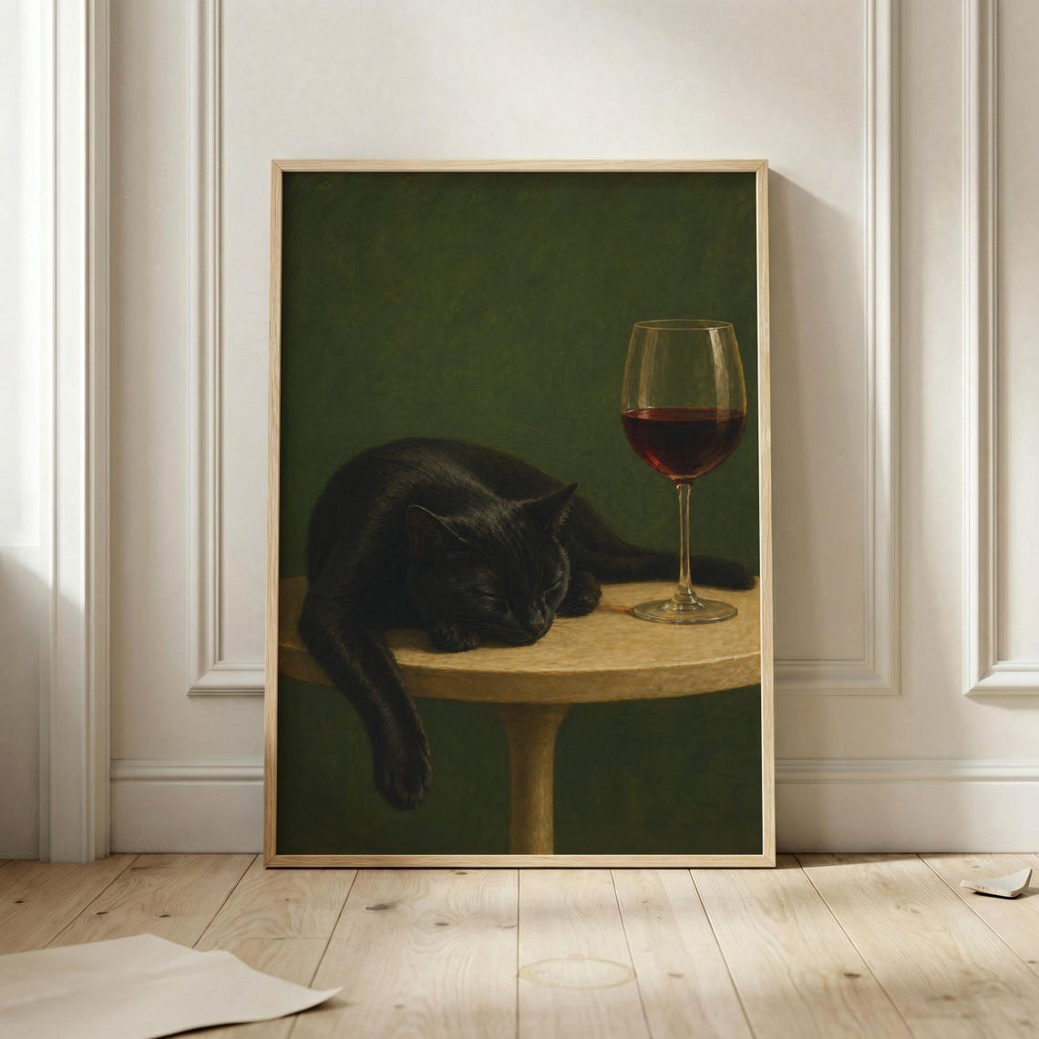 Black Cat Wine Poster Moody Wall Art Print Dark Green Still Life Lover Kitchen Decor