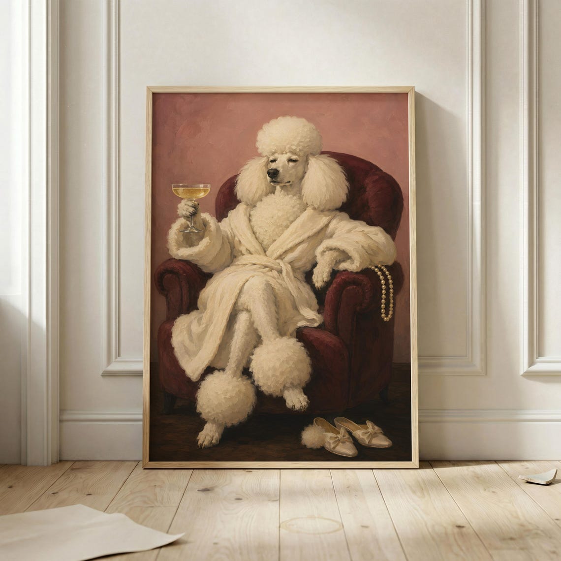 Fancy White Poodle Champagne Bathrobe Glam Luxury Dog Portrait Poster