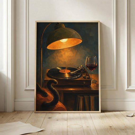 Cozy Vinyl Record Poster Cat Music Room Wall Art Moody Turntable Print Warm Vintage Lounge Decor