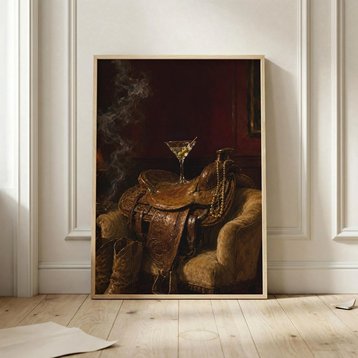 Dark Western Leather Saddle Martini Cowboy Boots Oil Painting Poster
