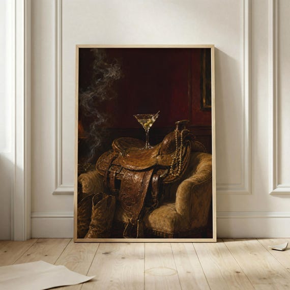 Western Martini Saddle Poster Dark Cowboy Wall Art Print Moody Saloon Decor Vintage