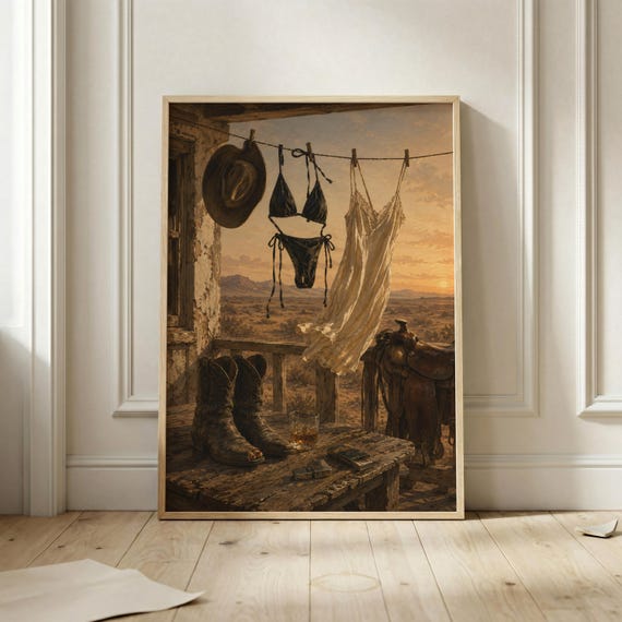 Western Desert Bikini Wall Art Cowboy Boots Ranch Decor Rustic Cowgirl Poster Southwestern Sunset Artwork Vintage Home