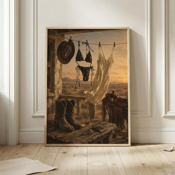 Western Desert Porch Cowboy Boots Saddle Whiskey Rustic Sunset Poster