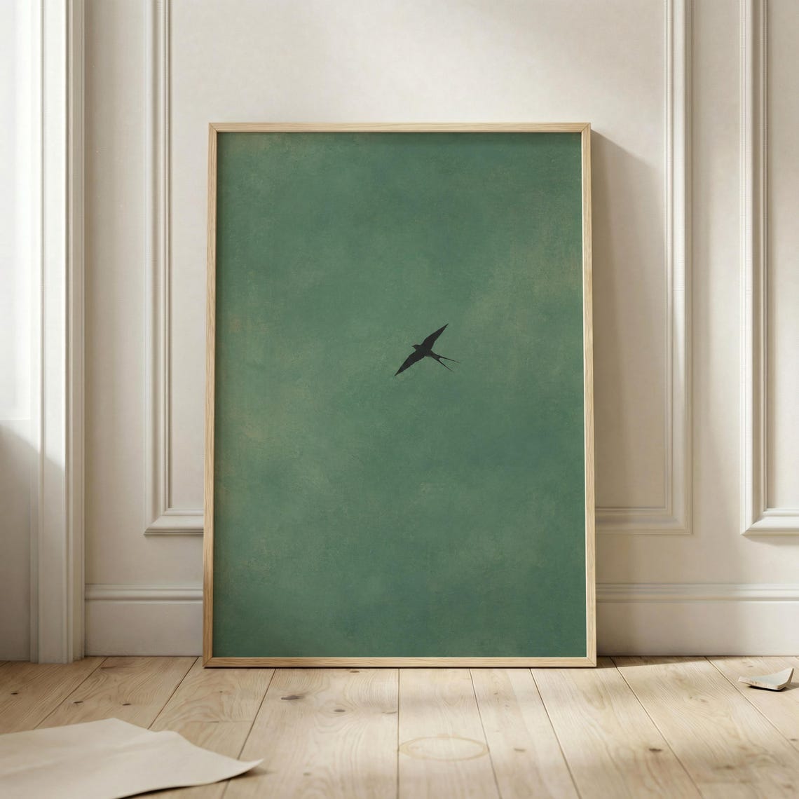 Minimal Bird Silhouette Black Swallow On Green Textured Art Poster