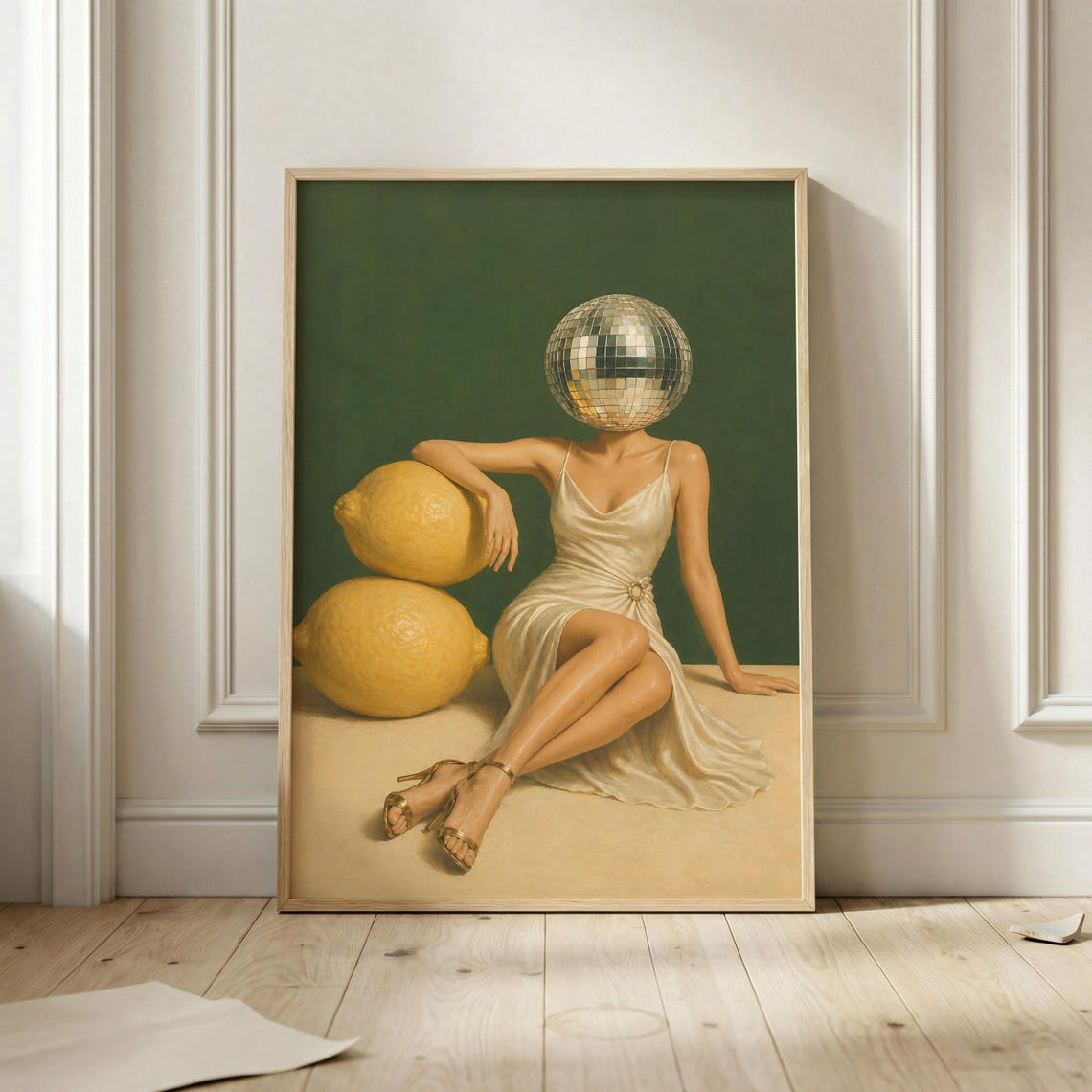Disco Ball Head Woman Giant Lemons Surreal Retro Glam Feminine Poster
