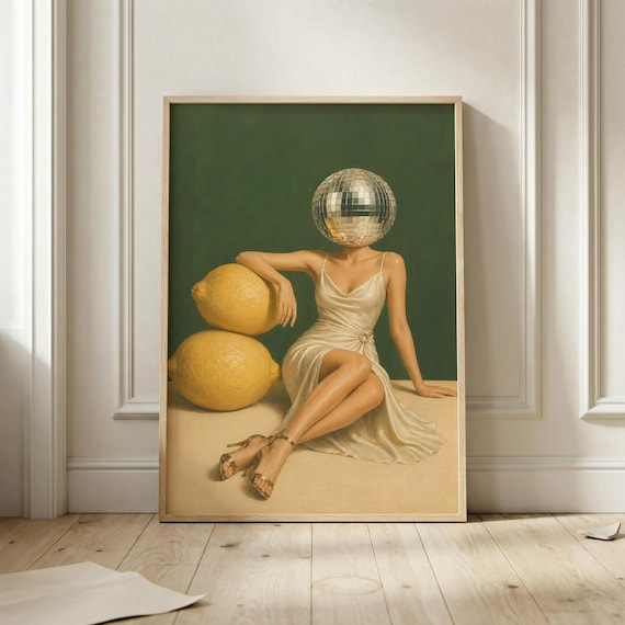 Disco Ball Head Woman Giant Lemons Surreal Retro Glam Feminine Poster