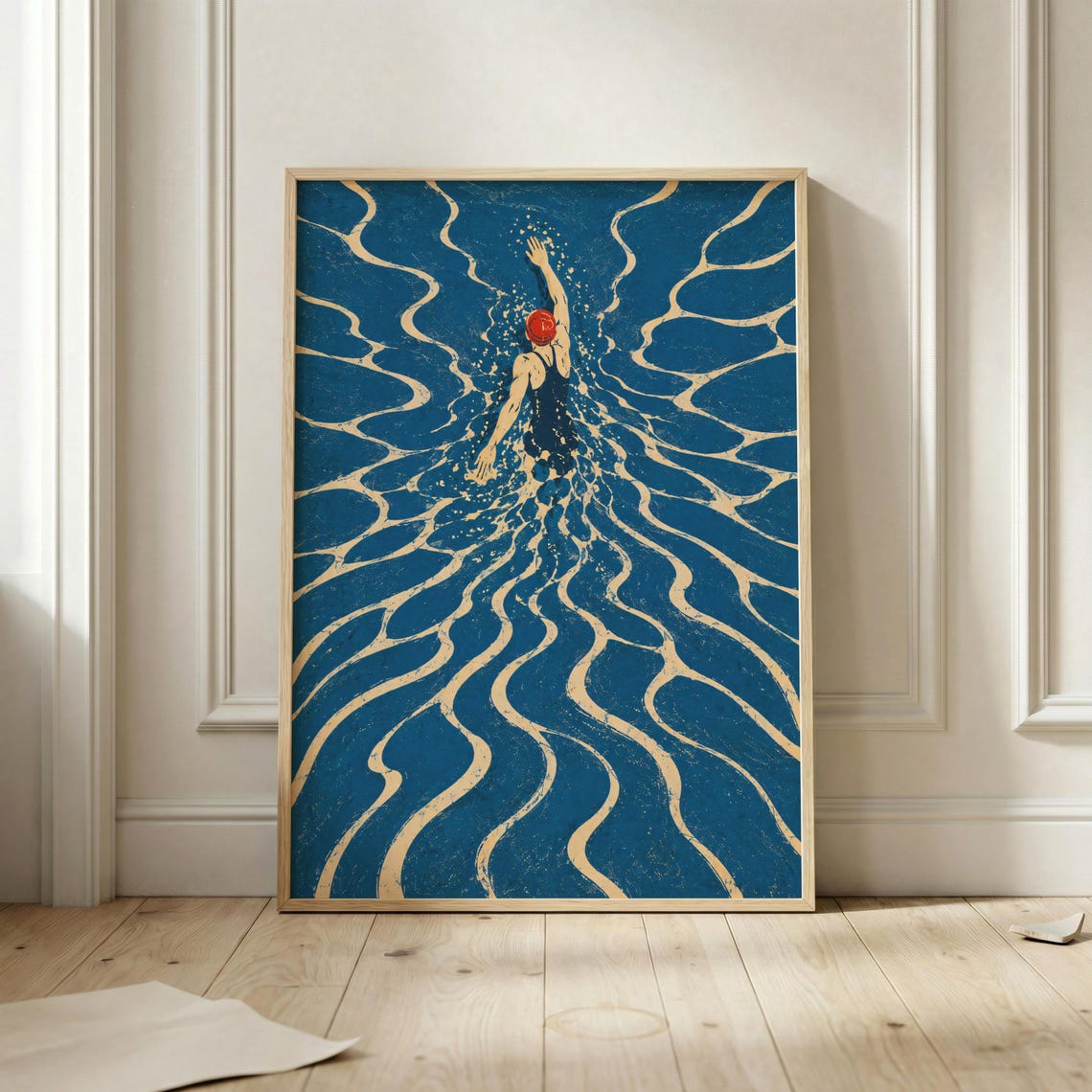 Vintage Swimmer Blue Pool Waves Retro Swimming Art Deco Style Poster