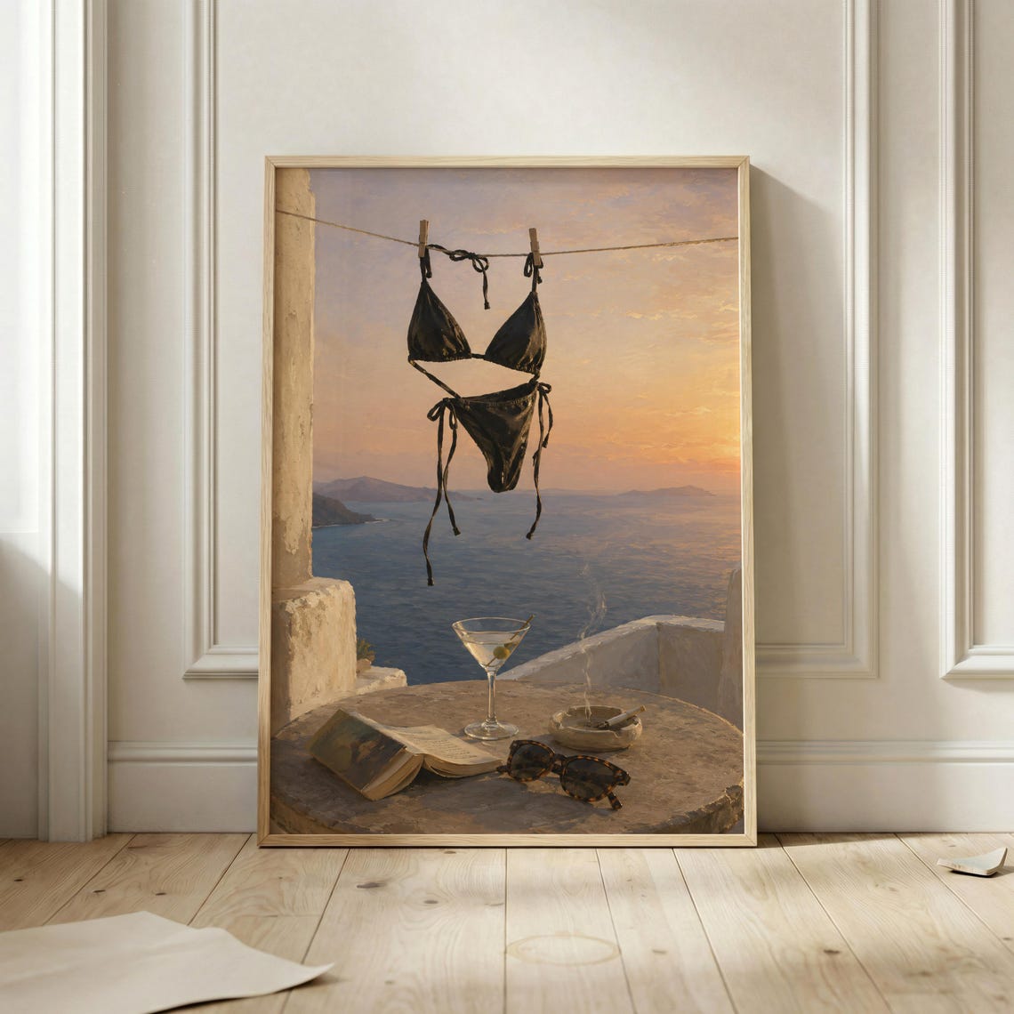 Santorini Sunset Bikini Clothesline Martini Sea View Travel Poster