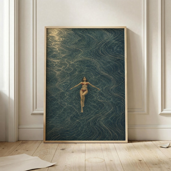 Aerial Woman Floating In Dark Green Ocean Surreal Swim Poster