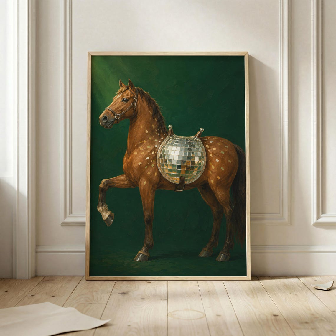 Disco Ball Horse Poster Surreal Equestrian Whimsical Green Artwork