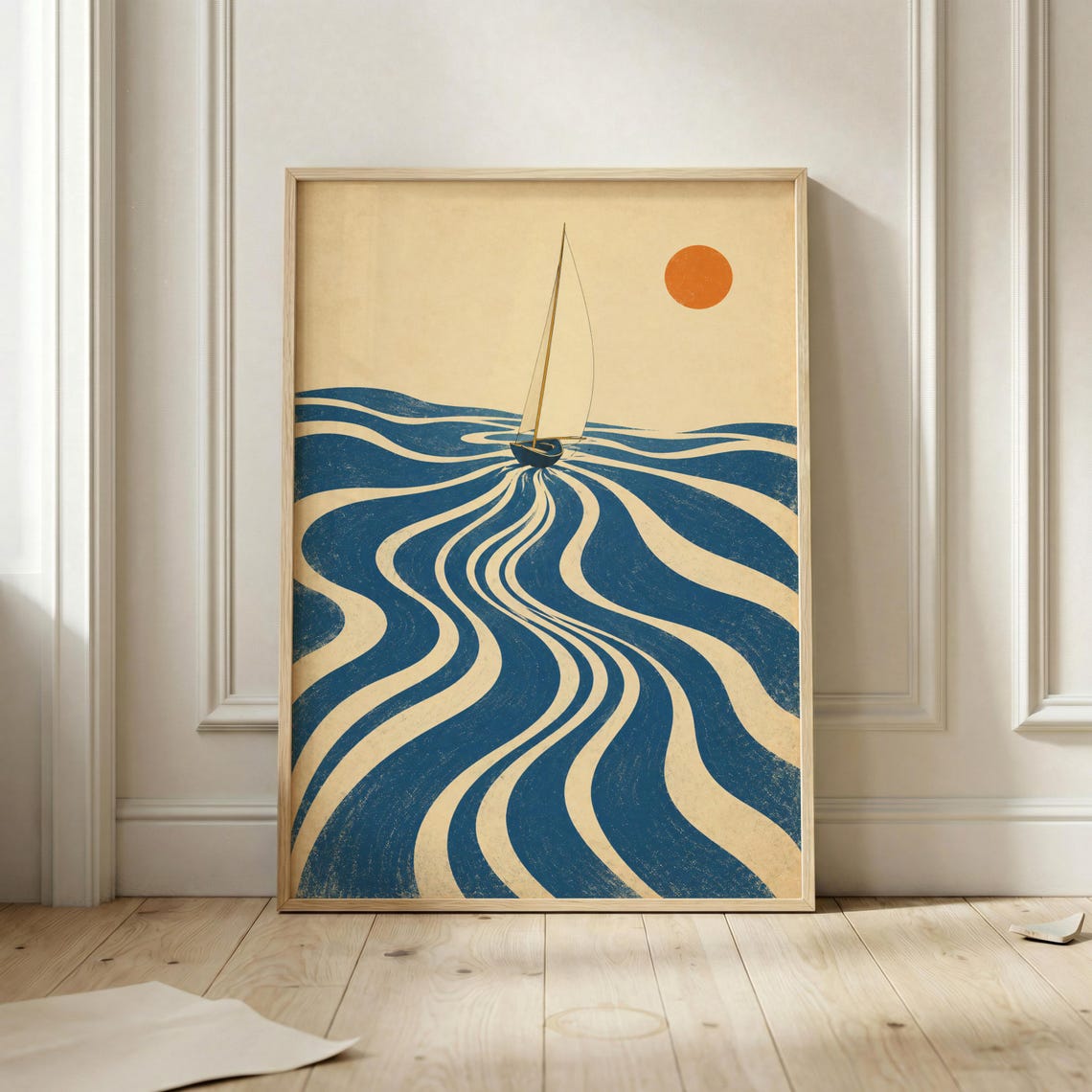 Retro Sailboat Blue Ocean Waves Vintage Coastal Nautical Art Poster