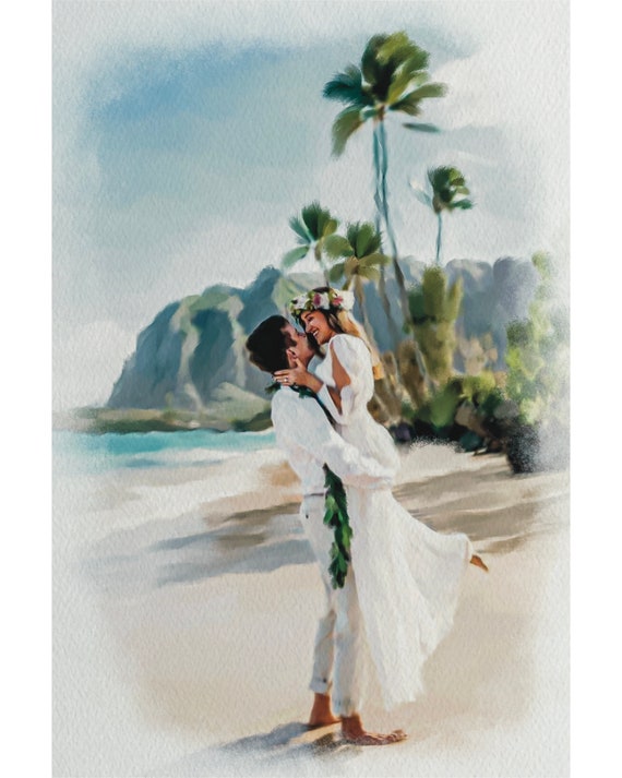 Tropical Beach Wedding Couple Embrace Beneath Palm Trees Watercolor Poster