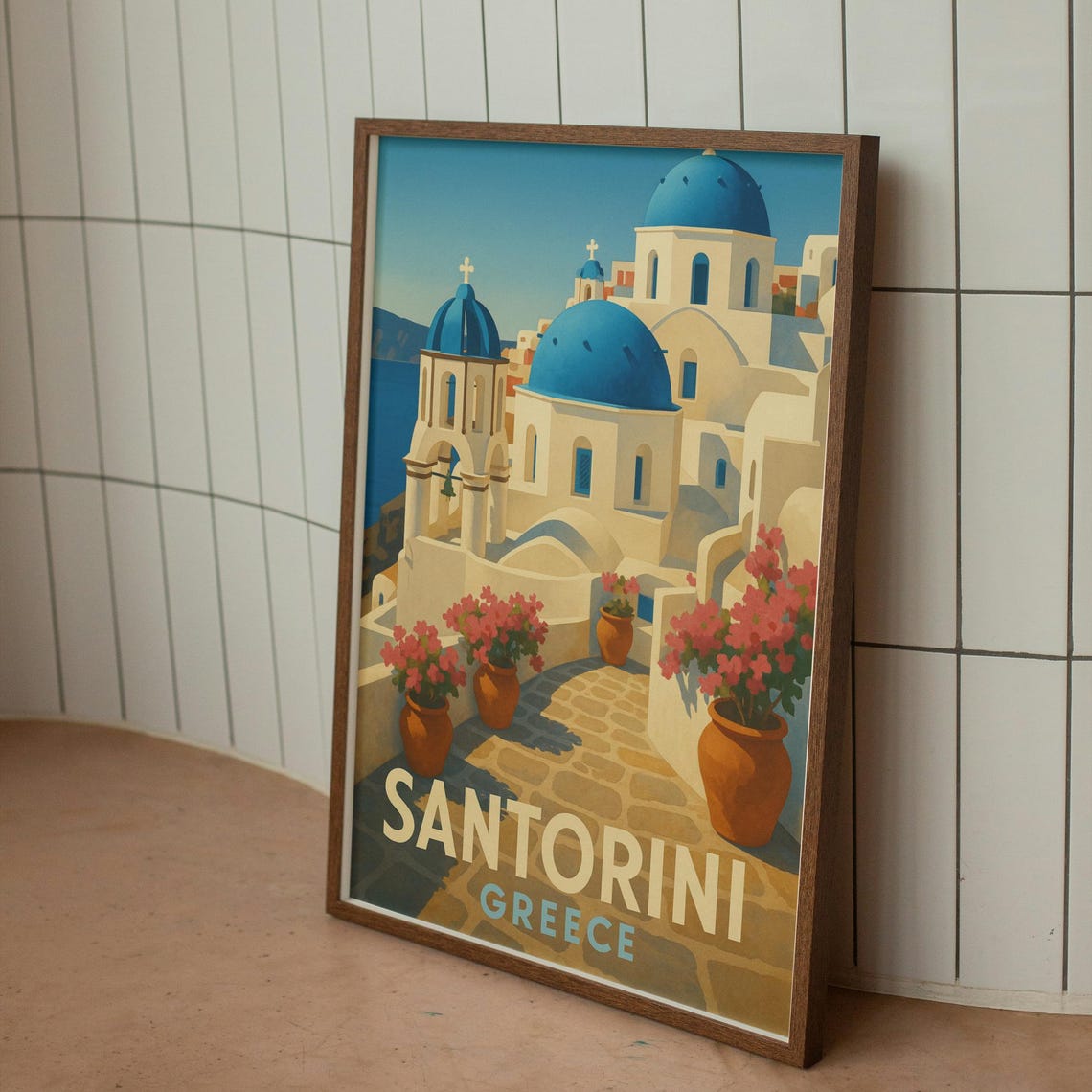 Santorini Greece Blue Domes Bougainvillea Lane Travel Poster
