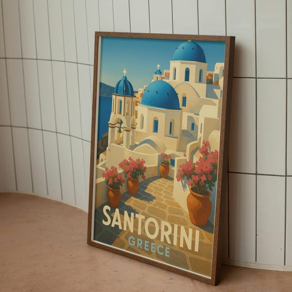 Santorini Travel Poster Wall Art Blue Domes Bougainvillea Illustration Gift