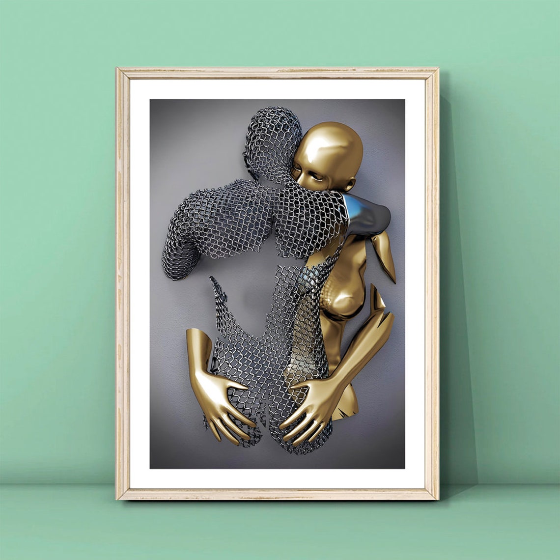 Silver And Gold Embracing Couple 3D Love Metallic Art Poster