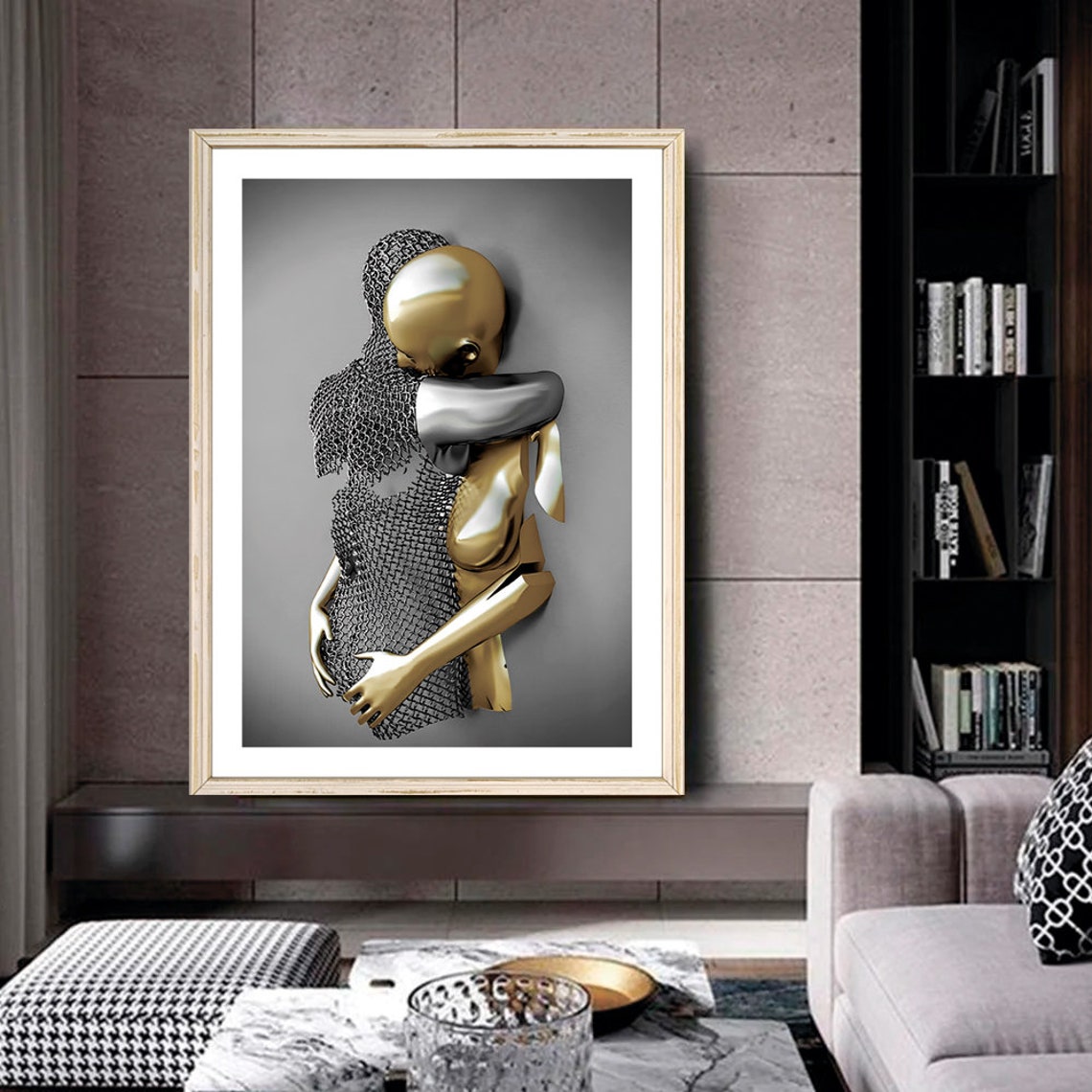 Silver and Gold Embracing Couple 3D Metallic Abstract Love Poster - Image 2