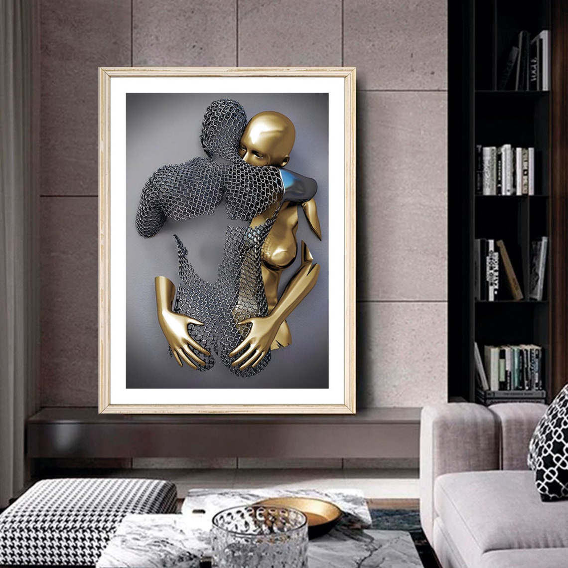 Silver And Gold Embracing Couple 3D Love Metallic Art Poster - Image 2