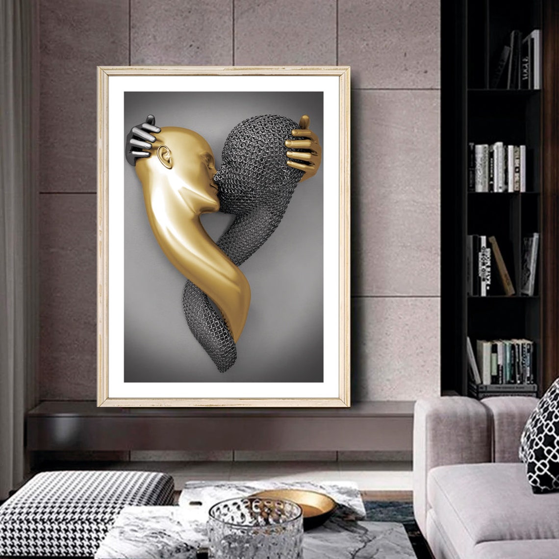 Gold Silver Embracing Couple Sculpture Romantic Modern Art Poster