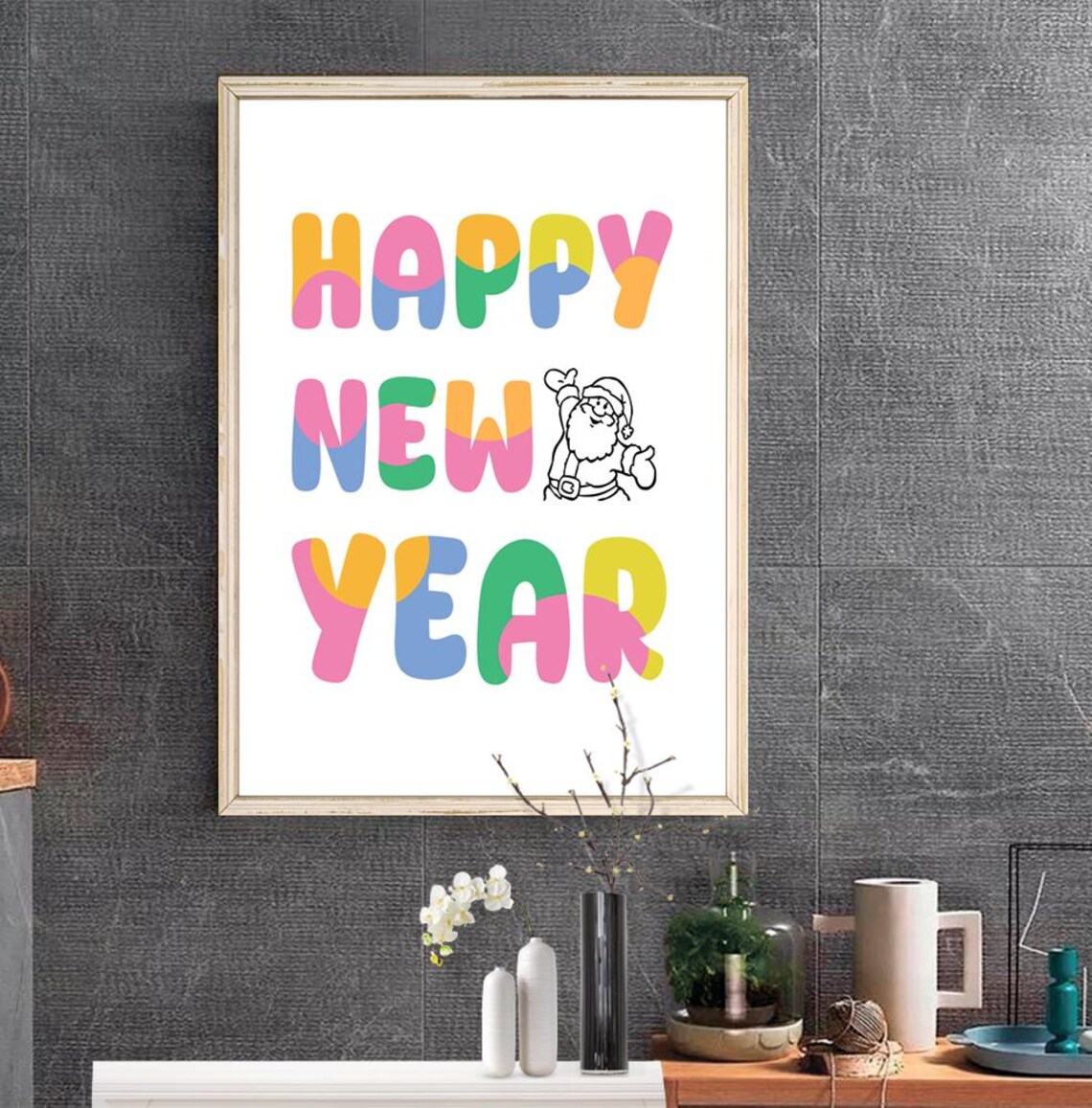 Happy New Year Colorful Bubble Letter Santa Sketch Holiday Print - Image 2