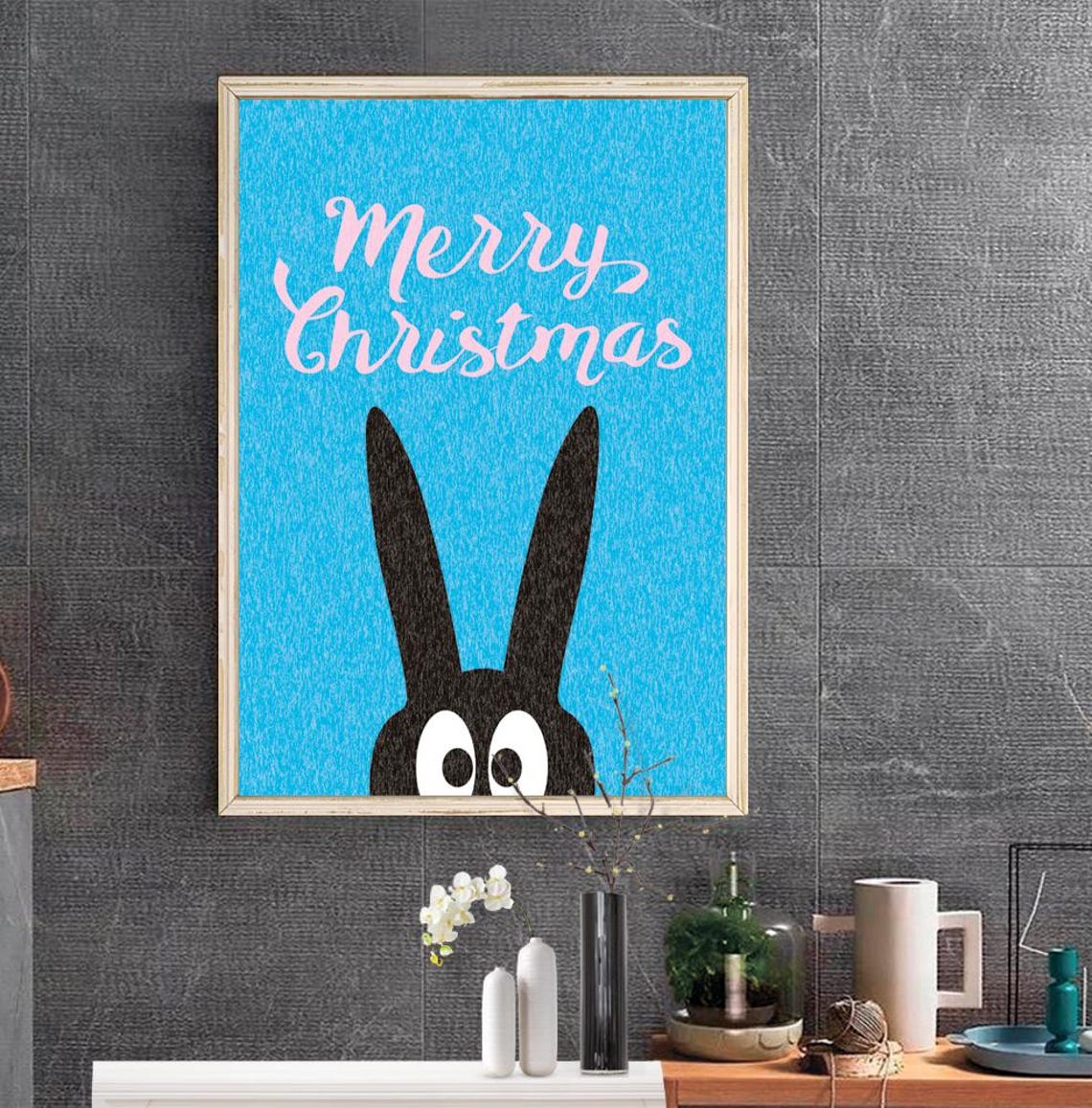 Merry Christmas Pink Script Blue Background Funny Bunny Holiday Poster - Image 2