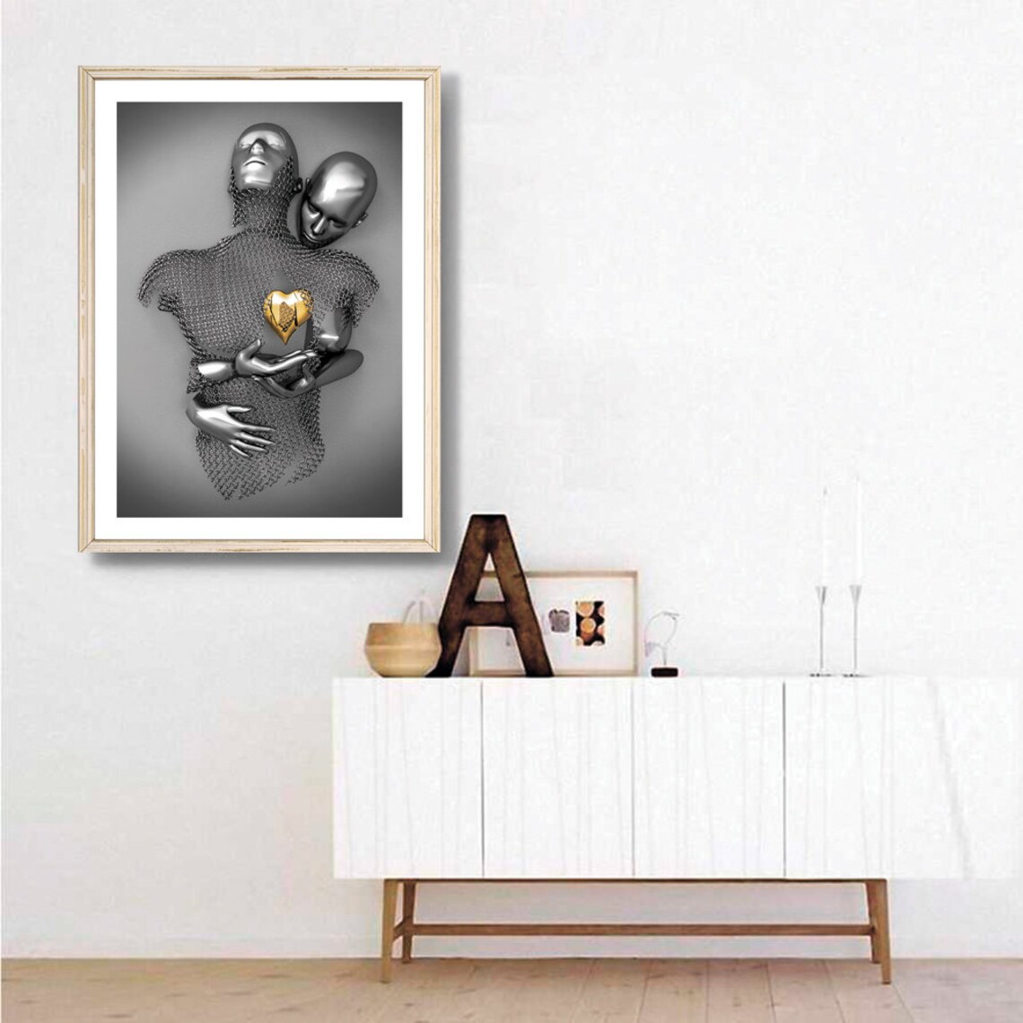 Romantic Silver Gold Embracing Couple Golden Heart Modern Art Poster - Image 2