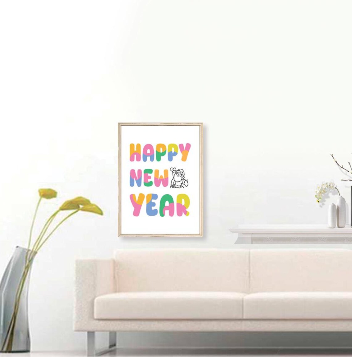 Happy New Year Colorful Bubble Letter Santa Sketch Holiday Print - Image 3