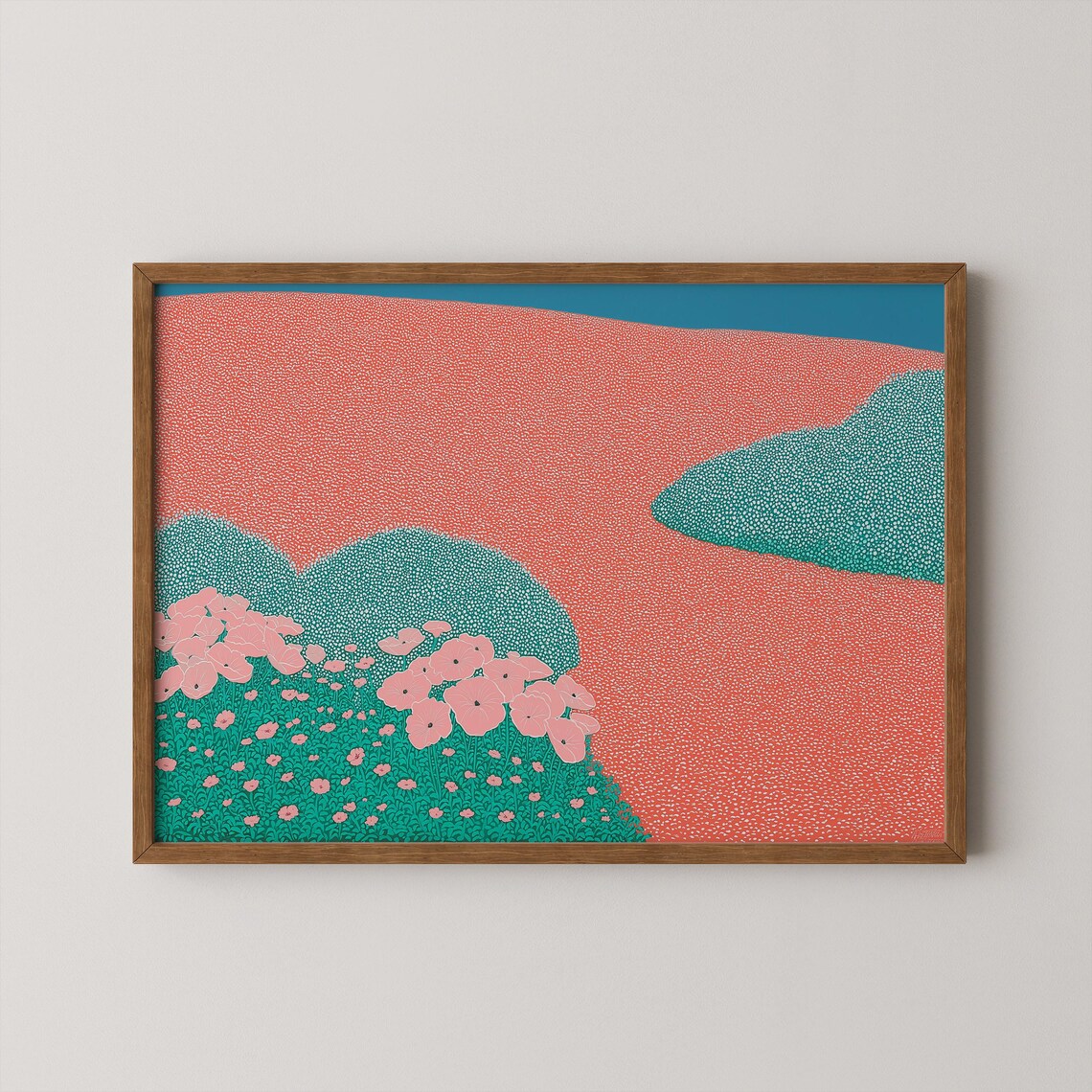 Pink Poppy Hills Coral Landscape Pointillist Style Modern Art Print