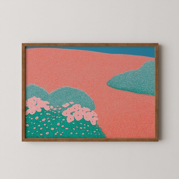 Pink Poppy Hills Coral Landscape Pointillist Style Modern Art Print