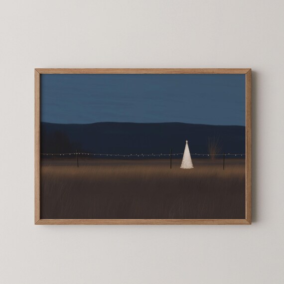 Lonely Christmas Tree Lights Dark Winter Field Minimalist Night Print