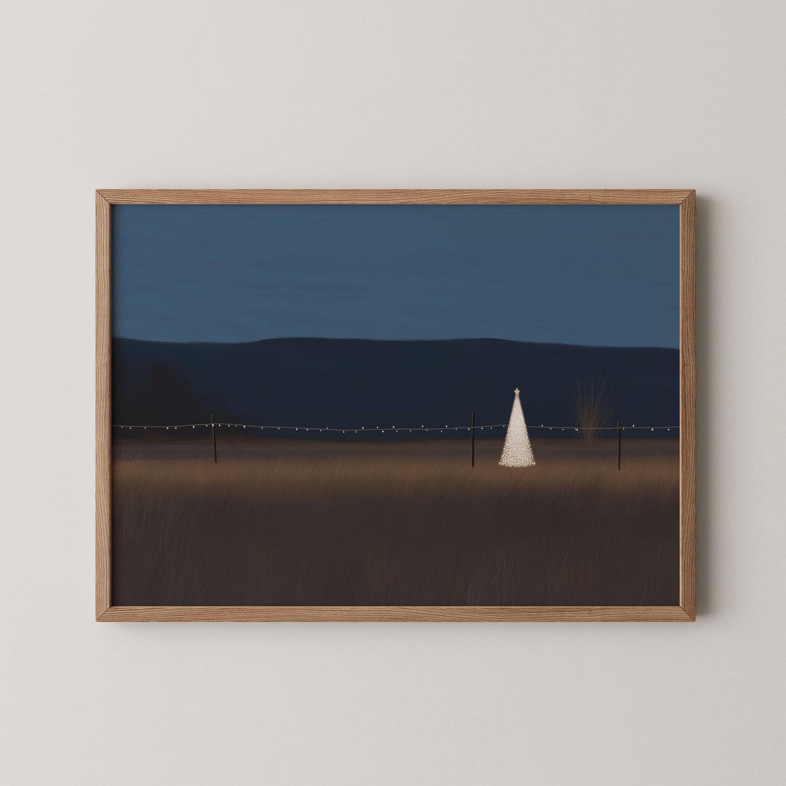Lonely Christmas Tree Lights Dark Winter Field Minimalist Night Print