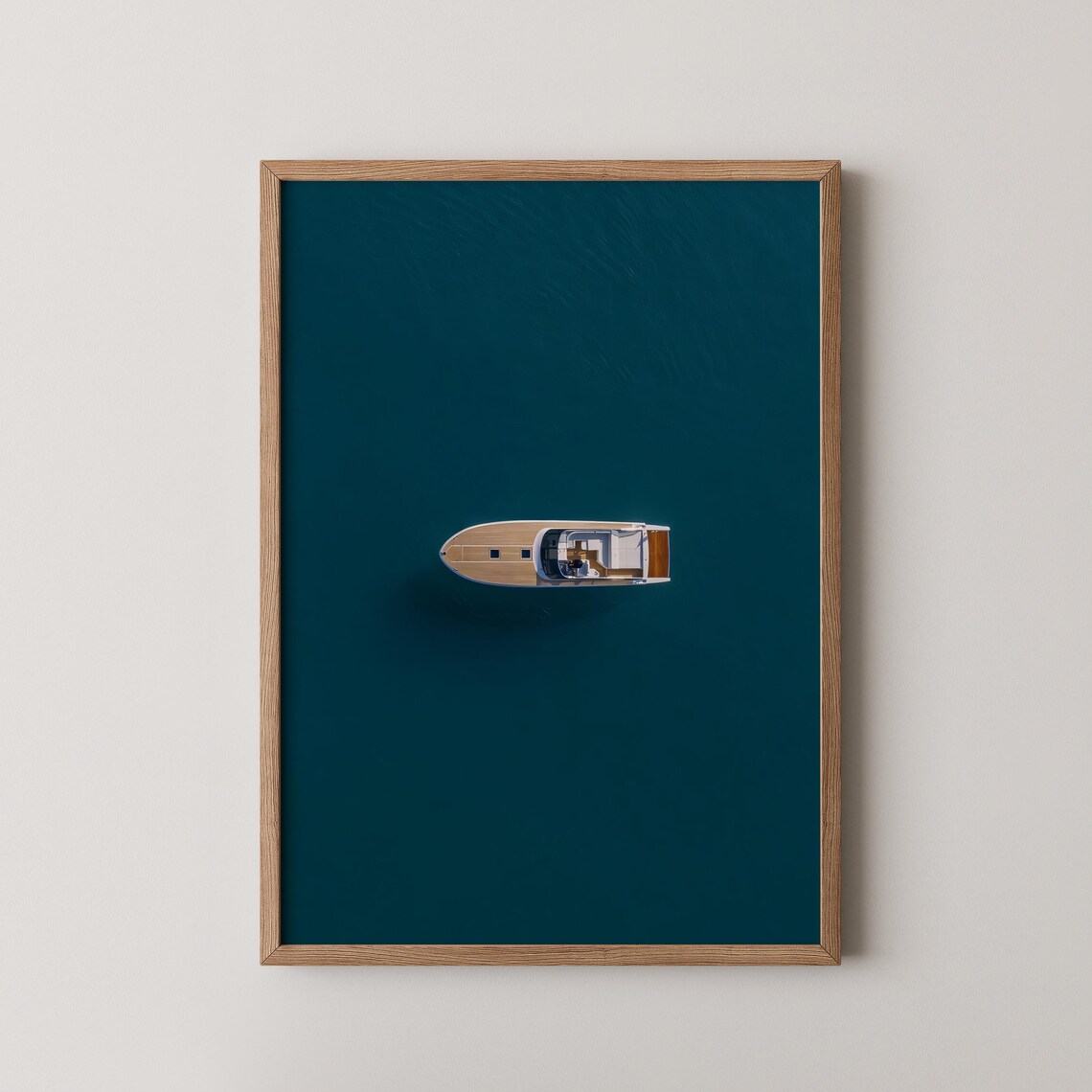 Minimalist Aerial Drone View Luxury Yacht on Teal Ocean Poster