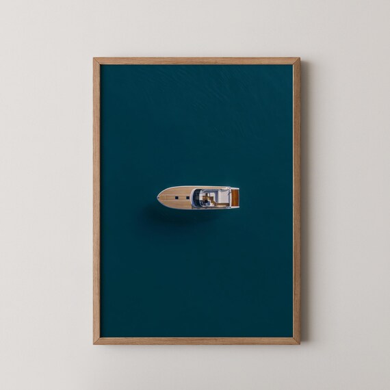 Minimalist Aerial Drone View Luxury Yacht on Teal Ocean Poster