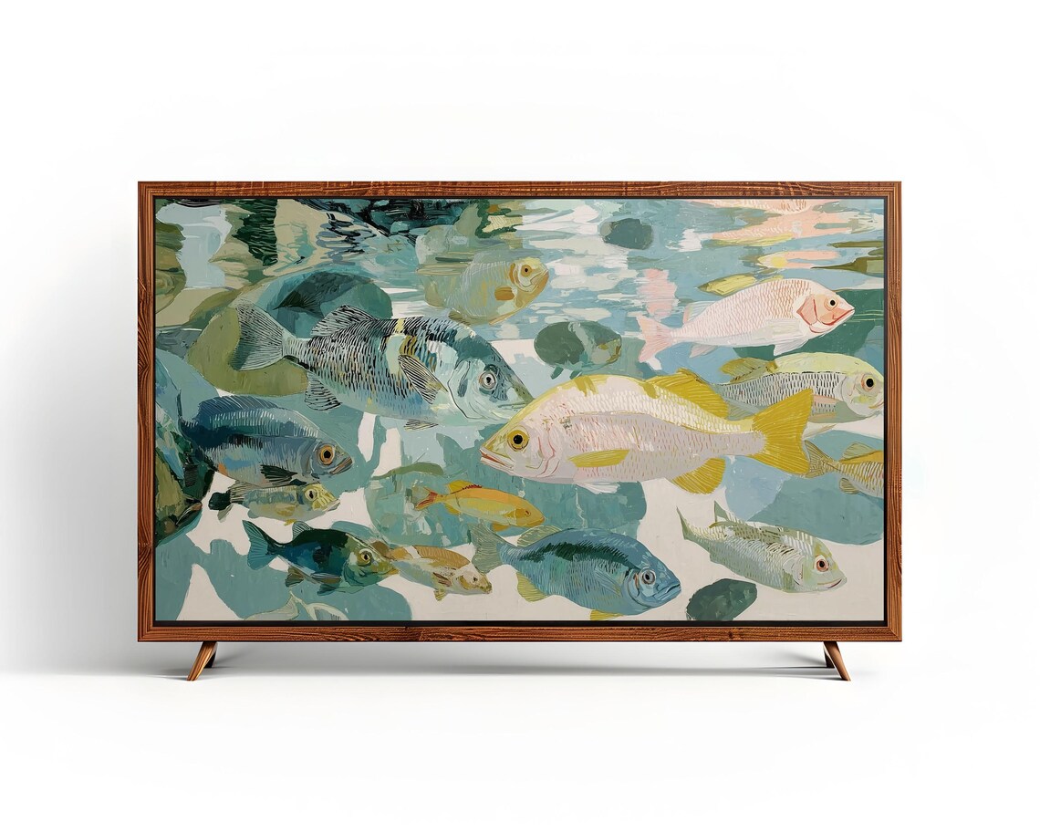 School of Fish Coastal Teal Abstract Ocean Painting Art Poster