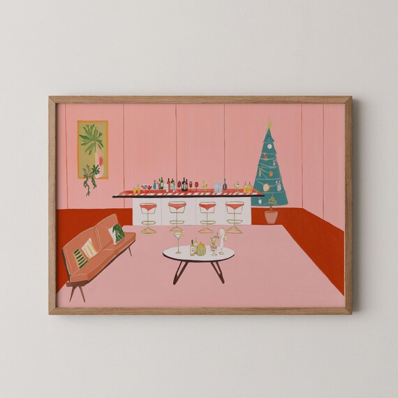 Mid Century Modern Christmas Pink Cocktail Bar Holiday Party Art Print