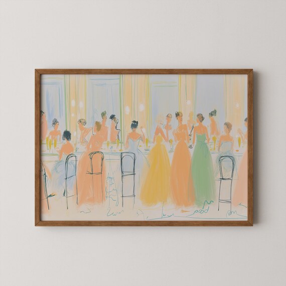 Coquette Pastel Gown Ballroom Gathering Sketch Horizontal Wall Art