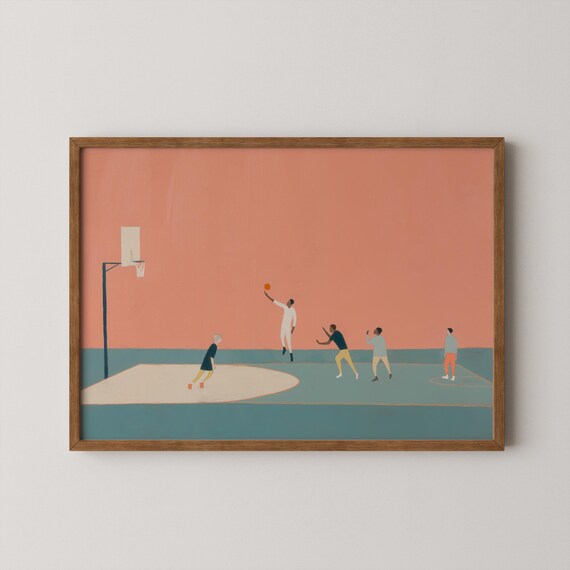 Minimalist Basketball Players Modern Sports Court Illustration Poster