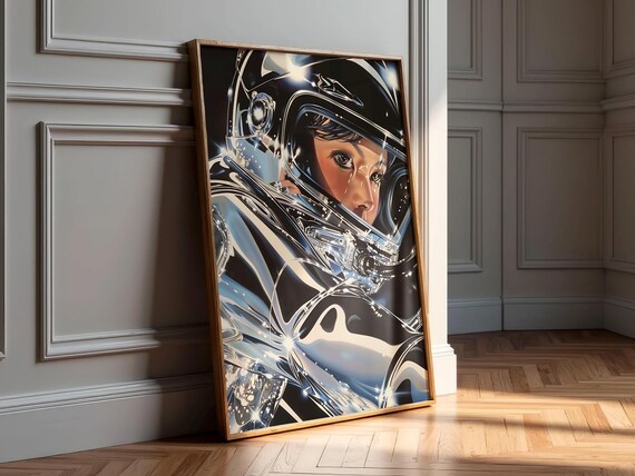 Retro Futuristic Woman Astronaut Chrome Helmet Pop Art Poster