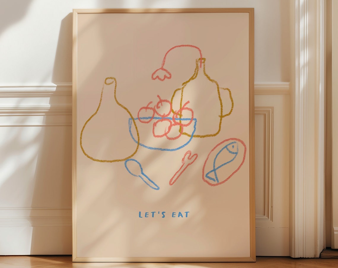 Lets Eat Colorful Doodle Kitchen Poster Bowls Fish And Bottles
